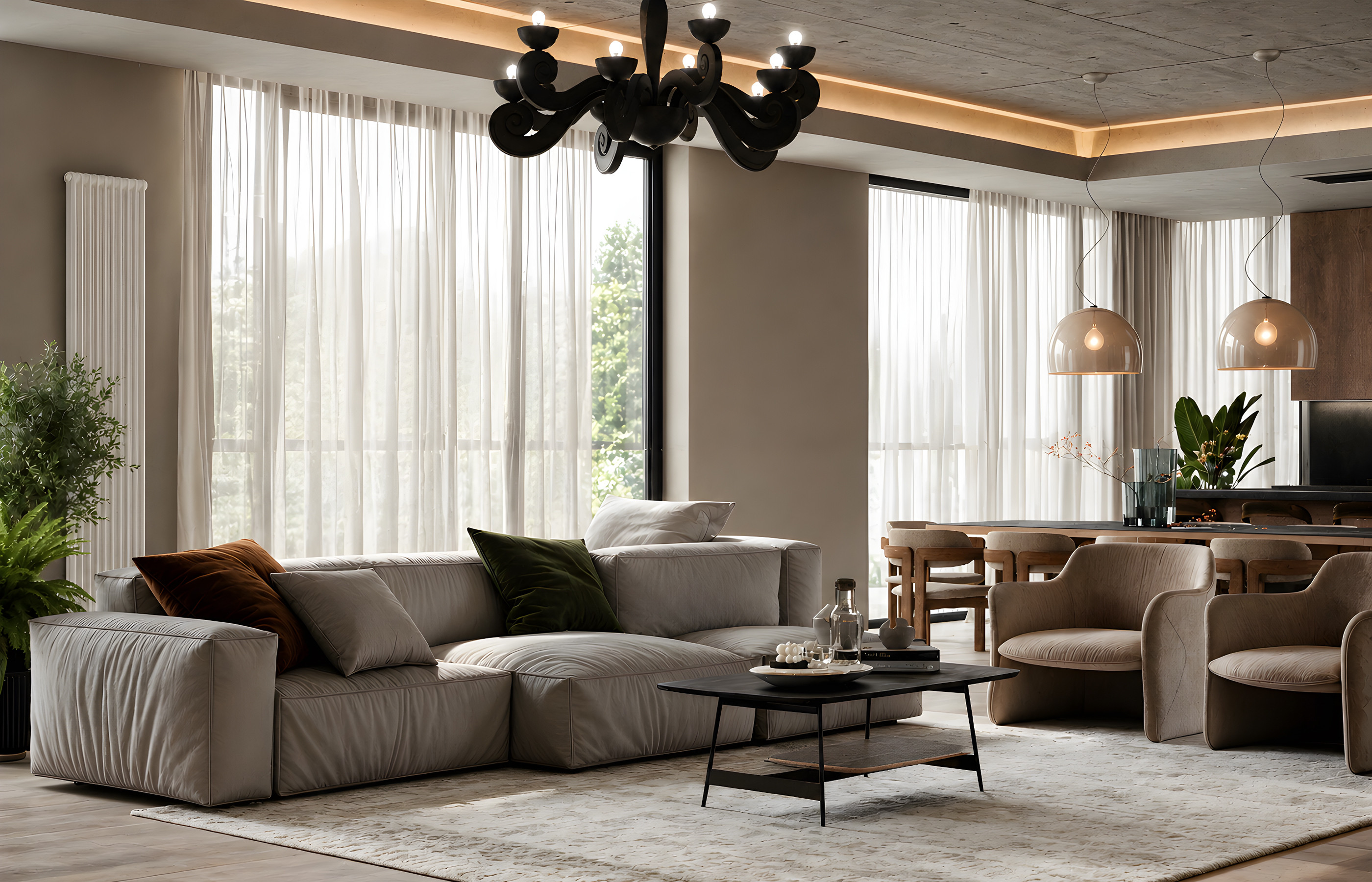 Дизайн интерьера гостиной с панорамными окнами